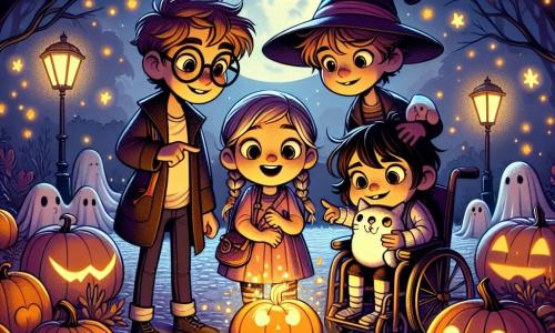 En un parque iluminado por la luna, cuatro amigos están juntos, rodeados de calabazas decoradas. Lucas, un niño de 10 años con gafas redondas y cabello castaño alborotado, señala una calabaza mágica que brilla en el centro. A su izquierda, Ana, una niña de 9 años con trenzas rubias, sonríe alegremente desde su silla de ruedas adornada con guirnaldas luminosas. Junto a ella, Sara, una niña de 8 años con cabello negro y gafas en forma de corazón, acaricia su gato de peluche, con los ojos brillantes de emoción. Por último, Tomás, un niño de 10 años con un gran sombrero de mago, se encuentra a la derecha, con los brazos cruzados, mirando al grupo con una expresión decidida. El parque está lleno de hojas doradas y árboles de siluetas misteriosas, creando una atmósfera encantada. Las linternas en forma de fantasmas flotan en el aire, y las sombras bailan en el suelo. Los amigos descubren juntos la calabaza mágica, lista para llevarlos a una aventura de Halloween, donde deberán resolver un misterio para prolongar la noche de fiesta.