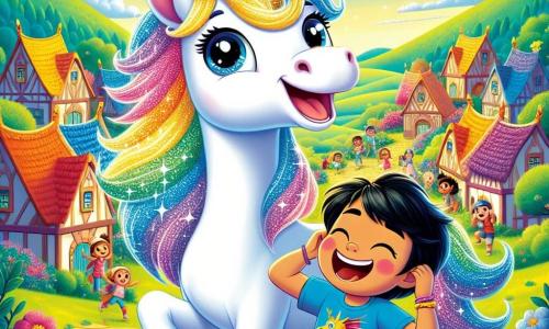Eine wunderschöne Einhorn namens Glitzerchen steht im Mittelpunkt des Bildes, mit einer leuchtenden Regenbogenmähne, die in der Sonne funkelt. Ihre großen, strahlenden Augen drücken Freude und Aufregung aus, während sie breit lächelt, bereit, einen Moment des Glücks zu teilen. Neben ihr steht ein Junge namens Tim, etwa 8 Jahre alt, in einem blauen T-Shirt mit einem Drachenmotiv und einer gelben Shorts. Er lacht laut, die Arme in die Luft gehoben, während er leicht im Hintergrund steht und das Einhorn bewundert. Die Szenerie spielt in einem bezaubernden Dorf mit bunten Häusern mit geneigten Dächern, umgeben von leuchtenden Blumen und grünen Bäumen. In der Ferne zeichnen sich sanfte Hügel unter einem klaren blauen Himmel mit fluffigen Wolken ab. Die Hauptszene zeigt Glitzerchen und Tim, die einen fröhlichen Geburtstag feiern, umgeben von anderen Kindern, die lachen und um eine große, köstliche Schokoladentorte tanzen, was eine festliche und lebendige Atmosphäre schafft.
