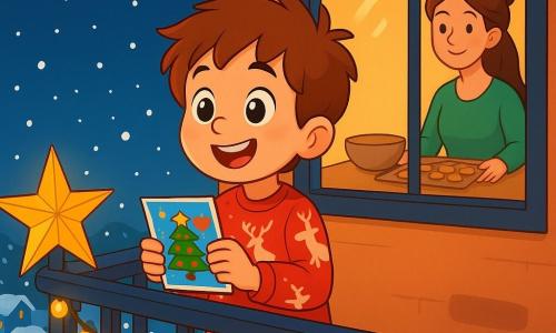 Un niño de 6 años, con cabello castaño desordenado y ojos llenos de curiosidad, está sentado en el balcón de su casa, vestido con un pijama rojo con motivos de reno. Su rostro irradia alegría y asombro mientras sostiene una tarjeta decorada con dibujos coloridos en sus pequeñas manos. A su lado, una estrella de papel dorado brilla, capturando la luz de la luna. Su mamá, una mujer de unos treinta años con el cabello largo y castaño recogido en un moño, está dentro de la casa, sonriente, preparando pasteles en la mesa visible a través de la ventana. El balcón está rodeado de guirnaldas luminosas, y abajo, el pueblo está cubierto de una gruesa capa de nieve, con casas de techos nevados y luces de Navidad que iluminan la noche. La escena principal muestra al niño, maravillado, contemplando la nieve que cae suavemente, listo para expresar su gratitud por esta hermosa noche de Navidad.