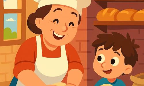 La scena mostra la signora Marta, una donna di mezza età con un grande sorriso caloroso, che indossa un elegante grembiule bianco e un cappello da panettiere. Sta impastando della pasta per il pane con le mani, i suoi occhi brillano di gioia e concentrazione. Accanto a lei, Leo, un bambino curioso di circa 7 anni con i capelli castani disordinati e gli occhi spalancati, osserva con meraviglia. Tiene un piccolo pezzo di pasta tra le mani, pronto ad appiattirlo, e si tiene leggermente in disparte, ammirando il lavoro della signora Marta. La scena si svolge in una graziosa panetteria, con muri in mattoni rossi, scaffali in legno pieni di pani dorati e sacchi di farina impilati in un angolo. La luce morbida del mattino filtra attraverso la finestra, illuminando la stanza con un'atmosfera calda e accogliente. La situazione principale mostra la signora Marta e Leo che preparano il pane insieme, ridendo e condividendo momenti di complicità, circondati dall'odore delizioso della pasta fresca e dalla gioia di imparare a fare il pane.