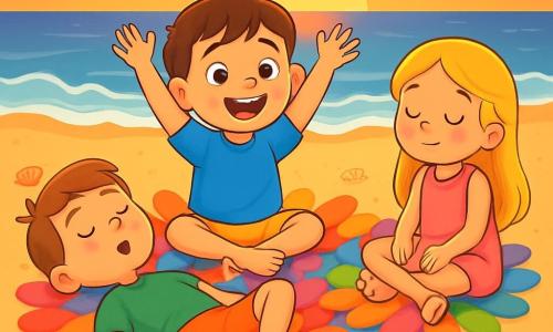 Ci sono 3 personaggi: - Gabriele: un bambino di 5 anni, con capelli castani e occhi vivaci. Indossa una maglietta blu e pantaloni corti gialli. È seduto su un tappeto di petali colorati, con le braccia alzate verso il cielo, imitando un albero. - Nina: una bambina di 5 anni, con lunghi capelli biondi e un sorriso radioso. Indossa un vestito rosa e sandali bianchi. È seduta accanto a Gabriele, con le mani sulle ginocchia, gli occhi chiusi, respirando profondamente. - Tommaso: un bambino di 5 anni, con capelli castani e lentiggini sul viso. Indossa una maglietta verde e pantaloni corti arancioni. È sdraiato sul tappeto di petali, con le braccia distese, facendo la posizione della farfalla. Il luogo è una spiaggia dorata al tramonto, con onde leggere che sussurrano in sottofondo. La spiaggia è cosparsa di conchiglie scintillanti e il cielo è dipinto di sfumature rosa, arancioni e viola. Un tappeto di petali luminosi, dai colori vivaci, si estende sotto i bambini, creando un'atmosfera magica e pacifica. La situazione principale mostra i bambini che praticano esercizi di respirazione zen, seduti e sdraiati sul tappeto di petali, circondati dalla bellezza rasserenante della natura. Sono immersi in un momento di calma e serenità, respirando insieme, in armonia con il dolce sussurro delle onde.