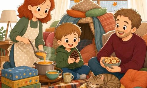 An 8-year-old boy, joyful and wide-eyed with short light brown hair, holds a textured brown pinecone; a smiling redheaded mother in her mid-30s wearing a polka-dot apron stands left behind him pouring golden soup into a bowl; a lightly bearded father around 37 in a warm burgundy sweater sits on the right laughing and holding a bowl of apple chips; a small round tabby cat named Pickles naps with its tail curled on a cushion beside the boy; they’re in a cozy living room with a thick plaid blanket on the floor, stacked colorful board games, a cushion “fort” by a rain-speckled window with orange and yellow leaves on the glass—after the rain the family shares autumn soup in soft warm light, a comforting scene of simple family joys.