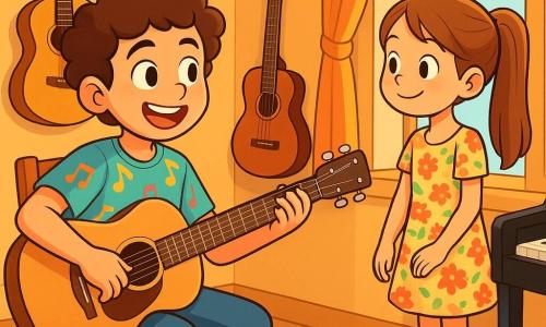 Un hombre, Nico, está sentado en una silla de madera en su habitación soleada, con una amplia sonrisa en el rostro. Tiene el cabello castaño ligeramente rizado y lleva una camiseta colorida con notas musicales impresas. Sus ojos brillan de emoción mientras sostiene una guitarra acústica entre sus manos, listo para tocar. Lucía, una niña de 8 años, está cerca de la ventana, con el cabello largo y liso recogido en una coleta. Lleva un vestido de flores y mira a Nico con admiración, con las manos en el alféizar de la ventana. La habitación está llena de instrumentos musicales: guitarras colgadas en la pared, un piano negro brillante en una esquina y hojas de música esparcidas por el suelo. La luz del sol ilumina la habitación, creando un ambiente cálido e inspirador. Nico, lleno de energía y entusiasmo, se prepara para tocar una melodía mágica para su gran presentación, mientras Lucía lo anima con una sonrisa radiante.