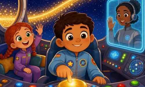 Um homem chamado Miguel, rosto redondo e caloroso, cabelo castanho curto e olhos atentos sorri aliviado e confiante enquanto aperta um grande botão dourado luminoso; veste um pequeno uniforme espacial azul-claro com patches coloridos e está sentado no centro da cabine. Uma menina de cerca de 6 anos, cabelos ruivos em tranças e olhos brilhantes, senta-se à esquerda junto ao olho-de-boi, olha pela janela e acena alegremente. Uma operadora adulta (cerca de 30 anos) aparece como holograma no painel direito, cabelo preto preso e roupa cinza-pálido, sorri e acena como a torre de controle que confirma a permissão. A cabine é pequena e acolhedora, com botões redondos coloridos, telas com ícones, texturas metálicas suaves e almofadas claras; grandes janelas mostram um caminho estelar brilhante, poeira de estrelas dourada e um asteroide escuro ao fundo. A cena captura o momento em que a luz do trajeto fica dourada e os passageiros respiram aliviados; atmosfera calma, segura e alegre, cores em tons pastéis, contrastes nítidos, traços simples e expressivos, composição centrada em Miguel e no botão dourado.