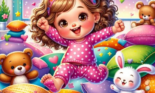 A 2-year-old girl with big round eyes and curly hair joyfully smiles while jumping on a pile of soft, colorful cushions. She is wearing a pink polka dot pajama, and her cheeks are flushed with excitement. Next to her is a teddy bear, Teddy, with soft brown fur and shiny eyes, encouraging her by raising a paw, ready to jump too. A little white rabbit, Mr. Fluffy, with big ears, stands just behind, looking curious and amused, ready to leap. The scene takes place in a cozy living room filled with cushions of all colors, with twinkling stars hanging from the ceiling and a smiling moon shining through the window. Milly and her friends are having fun jumping for joy on the cushions, with feathers floating around them, creating a playful and magical atmosphere as they laugh and enjoy together.