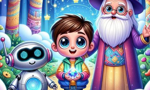 A 6-year-old boy named Milo, with big sparkling eyes and a wide smile, stands at the center of the image holding a shining magic button in his small hands. He wears a colorful jacket and denim pants, his expression full of wonder and joy. Beside him is a robot named GIZMO, with a silver metal body, sparkling disc-shaped eyes, and a friendly smile, hovering slightly above the ground, ready to assist him. In the background, a funny wizard named Wizard Wobble, an elderly man with a long white beard and an oversized purple hat, stands with an enthusiastic expression, arms raised in celebration. The setting is a beautiful enchanted forest filled with colorful tree trunks and bright flowers glowing under a vibrant blue sky. Fluffy clouds float gently, and stars twinkle even in daylight, adding a touch of magic to the environment. The main scene shows Milo, GIZMO, and Wizard Wobble celebrating the discovery of the magic button, surrounded by colorful candies floating around them, creating a joyful and whimsical atmosphere.