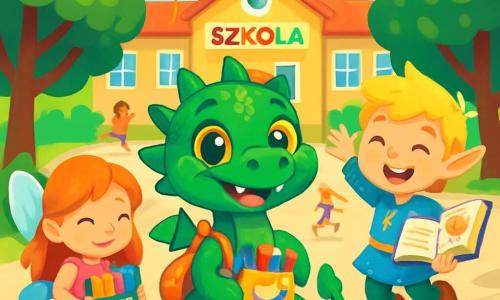 Florek, mały zielony smok z błyszczącymi łuskami jak szmaragdy, stoi w centrum szkolnego dziedzińca z wielkim uśmiechem i błyszczącymi oczami. Jego długa ogon owija się wokół niego, a on ma na plecach mały plecak wypełniony kolorowymi przyborami szkolnymi. Po jego prawej stronie skacze z radości Tymek, mały elf z blond włosami i spiczastymi uszami, w niebieskiej tunice ozdobionej złotymi gwiazdami, trzymając otwartą książkę. Po lewej stronie Ania, urocza mała wróżka z błyszczącymi skrzydłami i różową sukienką, uśmiecha się ciepło, trzymając pudełko z kredkami. Scena odbywa się na słonecznym dziedzińcu szkolnym otoczonym dużymi drzewami i kolorowymi kwiatami. Dzieci bawią się w tle, a balony unoszą się na niebieskim niebie. Florek, Tymek i Ania przygotowują się do rozpoczęcia pierwszego dnia szkoły, pełni entuzjazmu i przyjaźni, gotowi na nowe przygody.
