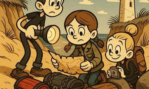 Dziewczynka ok. 12 lat, okrągła twarz z piegami, kasztanowe włosy w dwóch warkoczach, zdeterminowana i ciekawa, w praktycznym stroju (kurtka khaki, dżinsy, buty trekkingowe), klęczy przed trzema skrzyniami na piasku trzymając zmiętą starą mapę; chłopak ok. 12 lat (Kuba), wysoki i szczupły, brązowe rozczochrane włosy, nieco nerwowy lecz odważny, trzyma dużą latarkę po lewej; dziewczynka ok. 12 lat (Zosia), niższa, blond koczkiem, uspokajający uśmiech, plecak wypchany, przyciska małą pozytywkę i kamień, by utrzymać mapę po prawej; miejsce: szczyt złotej wydmy przy wysokich klifach, rozczochrana trawa, w tle stara biała, popękana latarnia na tle bladoniebieskiego nieba z kilkoma chmurami; scena: trzy skrzynie w piasku (czerwona lakierowana, żelazna z łańcuchem, prosta drewniana z kotwicą), dziewczynka pochylona nad drewnianą skrzynią, przyjaciele napięci wokół, atmosfera tajemnicy i przygody, ostre cienie, widoczne ziarenka piasku, wiatr unoszący kosmyki włosów.