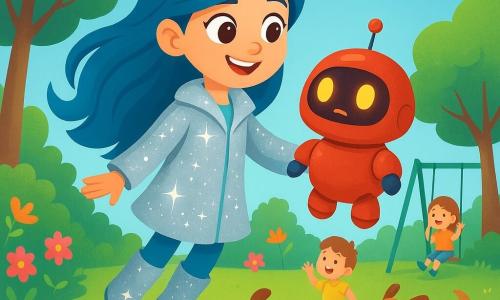 A young heroine, Sparkle Jet, is a woman with long, shiny blue hair and warm brown eyes. She wears a sparkling silver coat and boots adorned with small glowing stars. She smiles joyfully and determinedly, floating in the air, surrounded by a soft light. Next to her, a small round red robot with blinking eyes sits in the grass. It looks a bit sad but grateful, as Sparkle Jet has just helped it. The setting is a vibrant park with large green trees, colorful flowers, and children playing on swings. The sky is blue with a few fluffy white clouds. The scene shows Sparkle Jet gently lifting the small robot while children applaud and dogs joyfully run around them.