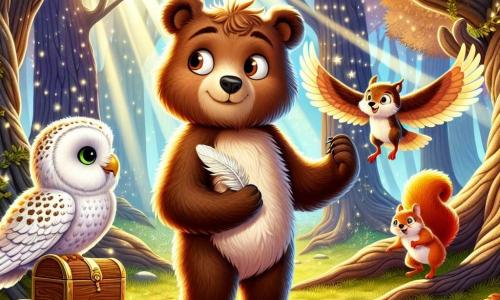A young brown bear named Oliver, with soft, shiny fur, displays an expression of curiosity and excitement. He stands on his hind legs, holding a sparkling feather in his small front paws, surrounded by the magic of the forest. Beside him, Luna, an owl with white and golden feathers, perches on a low branch, looking at Oliver with wise, amazed eyes, ready to assist him in his adventure. Jasper, a bright red squirrel, joyfully hops on a stone, his face radiating joy and enthusiasm. The setting is a sunny clearing surrounded by majestic trees with golden leaves and gnarled trunks, where rays of light filter through the foliage, creating bright patterns on the ground. In the center, a large ancient tree with intertwined roots, housing a mysterious chest, captures the attention of the three friends. The main scene shows Oliver, Luna, and Jasper discovering the hidden chest, their eyes shining with excitement as they prepare to solve the mystery of the magical feathers floating around them.