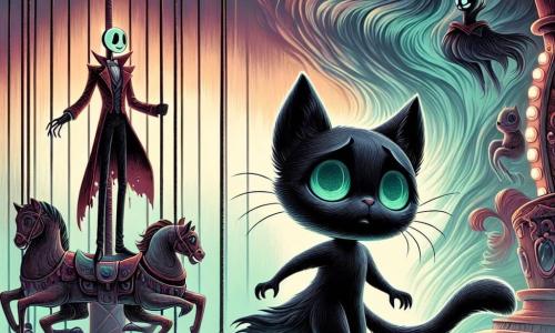In the center, a shadow-cat named Lira, with shimmering black fur like ink and emerald eyes shining with worry, stands on a tightrope, the wind whipping through her fur. She appears both brave and scared, her claws gripping the rope with determination. In the background, a ghostly ringmaster, dressed in a worn red coat and wearing a mask of broken mirrors, watches Lira with an enigmatic smile, his empty eyes reflecting a disturbing glow. He stands near a twisted carousel, arms crossed, as if waiting for the outcome of this challenge. The setting is an abandoned amusement park, with a creaking rusty Ferris wheel, carousel horses with glassy eyes, and ominous shadows dancing around the crumbling attractions, creating a magical yet terrifying atmosphere. The scene depicts Lira, suspended between sky and ground, ready to confront her fear, while the mysterious ringmaster observes her, adding palpable tension to this pivotal moment in the story.