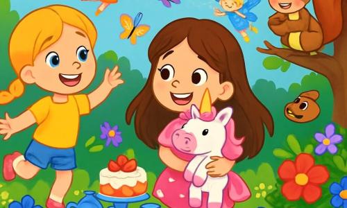 There are 3 characters: - Lily: a 5-year-old girl with long brown hair and sparkling eyes. She wears a pink dress with white polka dots and holds a stuffed unicorn. She stands in the center, smiling and full of energy. - Daisy: a 5-year-old girl with braided blonde hair and bright blue eyes. She wears a yellow t-shirt and denim shorts. She stands to the left of Lily, jumping with joy. - Sammy: a cute squirrel with brown fur and a bushy tail. He is perched on a tree branch to the right of Lily, holding a hazelnut in his tiny paws and curiously watching the girls. The setting takes place in an enchanted garden filled with colorful flowers with bright red, blue, and purple petals. In the center, a miniature tea table is set with sparkling cups and a cake decorated with strawberries. Colorful butterflies flutter around, adding a magical touch to the atmosphere. The main scene shows Lily and Daisy discovering their stuffed unicorn in the midst of a fairy tale tea party with butterflies and fairies. The girls laugh and have fun, surrounded by magic and bright colors, while Sammy the squirrel watches them with a big smile.
