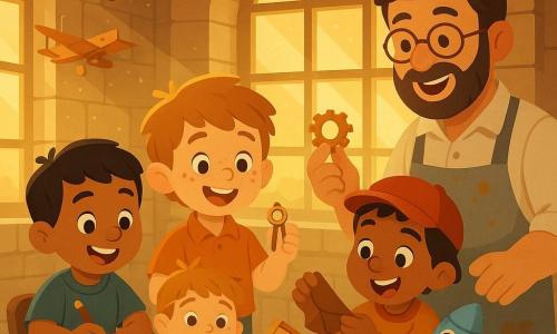 Five characters: Milo, a 5-year-old boy with tousled light brown hair and a freckled nose, holding a small wooden compass and standing center in front of the worktable; Benji, a 5-year-old boy with short black hair and a gap-toothed smile, to Milo’s left drawing in a notebook; Omar, a 5-year-old boy with a red cap and warm skin tone, to Milo’s right holding a small piece of leather for the wing and watching the machine enthusiastically; Luca, a 5-year-old blond boy, behind Milo on tiptoe holding a blue rocket comforter; and Master Paolo, about 40, bearded with round glasses and a paint- and flour-stained apron, standing by the bench smiling and showing a gear to the children — inside a warm Renaissance workshop with stone walls, large golden-lit windows, a worn wooden table cluttered with shiny metal tools, planks, rolled sketch papers, suspended wooden aircraft models and pots of paint; the children are helping the master assemble a wooden-and-leather mechanical wing for a small flying device, with brass gears, a carved wooden feather, screws and a crumpled plan on the table, joyful cooperation, focused smiling faces, warm light and detailed wooden textures.