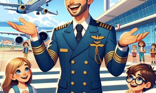O personagem principal é um homem chamado Miguel, um piloto sorridente com cabelos castanhos e olhos brilhantes de alegria. Ele veste um uniforme azul com epaulettes douradas e está em frente ao seu avião, o 