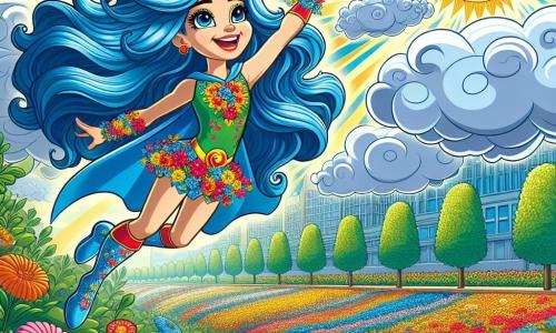 Zora, een superheldin, is een jonge vrouw met lange, golvende, stralend blauwe haren en schitterende sterrenogen. Ze draagt een kleurrijk kostuum met bloemenmotieven en vliegt vrolijk door de lucht met een grote glimlach op haar gezicht, terwijl ze haar hand naar de zon uitstrekt die door de wolken breekt. Naast haar beweegt een grote, vriendelijke wolk, die rond en glimlachend is, langzaam om de zonnestralen door te laten. Onderaan dansen bloemen in alle kleuren in de wind, herwinnen hun glans en tonen hun vreugde en dankbaarheid jegens Zora. De plek is een zonnige stad, omringd door grote bomen met heldergroene bladeren en bloeiende tuinen, waar de felle kleuren van de bloemen contrasteren met de blauwe lucht. De belangrijkste situatie toont Zora die de bloemen helpt hun kleur terug te krijgen door de wolk te laten bewegen zodat de zon binnenkomt, wat een scène van geluk en samenwerking creëert.
