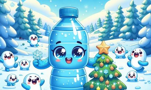 Aqua, la Botella de Agua, es un personaje alegre y chispeante, de color azul brillante, con ojos redondos y brillantes, que se encuentra en el centro de un parque nevado, sonriendo y llena de energía. Está decorando un pequeño árbol de Navidad con piñas y estrellas de madera, rodeada de copos de nieve que bailan a su alrededor. Junto a ella, un grupo de copos de nieve, pequeñas criaturas blancas y ligeras con caras sonrientes, se divierten haciendo bolas de nieve, riendo y lanzando copos al aire. Un pequeño árbol de Navidad, decorado de manera colorida, se alza orgulloso detrás de Aqua, añadiendo un toque festivo a la escena. El parque está cubierto por un espeso manto de nieve, con árboles cuyas ramas están cargadas de nieve brillante bajo un cielo azul claro salpicado de nubes blancas. Suaves colinas se dibujan en el horizonte, y el sol brilla suavemente, creando una atmósfera cálida a pesar del frío. La situación principal muestra a Aqua y sus amigos celebrando el invierno al decorar el árbol de Navidad, llenos de alegría y emoción, ilustrando el espíritu de camaradería y festividad de esta mágica temporada.