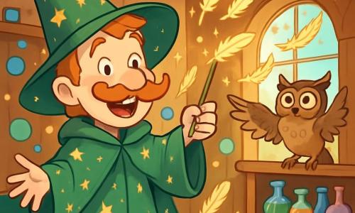 Een blije tovenaar genaamd Bram, met een grote groene cape versierd met fonkelende sterren, staat in het midden van een magische kamer. Zijn gezicht straalt van een brede glimlach en zijn gekrulde snor zweeft als een veertje in de lucht. Hij is omringd door kleurrijke magische bubbels die om hem heen dansen. Naast hem zit een wijze uil, Professor Pluim, met zachte veren en een ondeugende blik, op een plank. Hij flappert met zijn vleugels, alsof hij probeert de vallende sterren te vangen. De scène speelt zich af in een warme tovenaarswoning, met sculptuurhouten muren, planken vol kleurrijke toverdranken en ramen die het gouden ochtendlicht binnenlaten. Papieren sterren versieren het plafond en creëren een feeërieke sfeer. Bram is opgewonden en ontdekt dat zijn kamer vol glinsterende veren zit die uit de lucht vallen, waardoor zijn ruimte verandert in een ware magische show. De veren zweven om hem heen terwijl hij probeert te begrijpen hoe hij ze kan stoppen voordat de chaos zich in de betoverde wereld verspreidt.