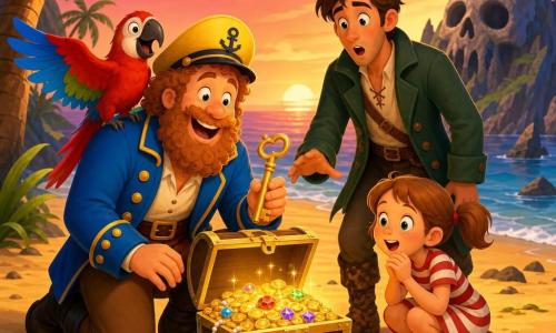 Captain Benny, a tall, smiling man with a reddish-brown curly beard, bright yellow hat and blue jacket with gold buttons, kneels holding a large golden key over an open treasure chest; rival Sam, about 30, surprised then relieved, muddy boots and dark green coat, stands behind with his hand toward the chest; Molly, about 8, eyes wide, pigtails and red-and-white striped dress, crouches admiring the shining coins; Patch the colorful parrot (red, green, blue) perches on Benny's shoulder squawking; scene on a small Skull Island beach with golden sand, twisted palms, black rocks and a pink-orange sunset, gentle waves and scattered seaweed; warm light illuminates happy faces as they discover glittering coins and jewels, evoking friendship and discovery in clear composition, saturated colors and simple shapes for children.