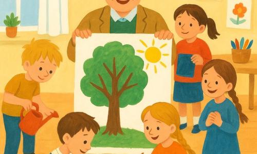 Ein lächelnder männlicher Lehrer mit kurzem grauen Haar und runden Brillen, in hellbrauner Kleidung und grünem Pullover, steht mittig und hält ein großes Papier, das er den Kindern zeigt; links steht der etwa 7-jährige Lukas mit zerzaustem blondem Haar und einer roten Gießkanne am Fenster, rechts die etwa 6-jährige Anna mit braunen Zöpfen, die mit einem blauen Schwamm eine kleine Schiefertafel abwischt; auf dem Boden sitzt der etwa 7-jährige Ben mit hellem Teint und gestreiftem T-Shirt und malt auf dem gemeinsamen Blatt einen großen grünen/braunen Baum, hinter ihm steht die etwa 7-jährige Clara mit strahlenden Augen und gefalteten Händen und schaut aufgeregt zu, und die etwa 6-jährige Mia mit geflochtenen blonden Haaren malt eine große gelbe Sonne oben rechts; der helle Klassenraum hat große Fenster mit weißen Gardinen, kleine Holztische, bunte Stifteboxen, Bilder an den Wänden und hellen Parkettboden; die Szene zeigt Zusammenarbeit: die Kinder malen fröhlich ein großes Gemeinschaftsbild, mit Lachen, lebhaften Gesten und sichtbaren, kräftigen Gouache-Farben.