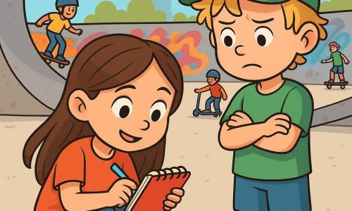 Een klein meisje van 6 jaar, Lina, met lange bruine haren en sprankelende nieuwsgierige ogen, zit op de grond met een rood notitieboekje en een blauwe pen. Ze heeft een geconcentreerde en vastberaden uitdrukking op haar gezicht, met een lichte glimlach die haar enthousiasme voor het onderzoek toont. Naast haar staat haar oudere broer Sam, een 7-jarig jongetje met rommelig blond haar en een groene pet, die de scène aandachtig observeert met gekruiste armen en een bezorgde blik. Op de achtergrond is er een levendig skatepark met grijze ramps, kinderen die plezier hebben op skateboards en scooters, en felle kleuren van graffiti op de muren. De belangrijkste situatie toont Lina die op zoek is naar de groene pet van Sam, die verdwenen is, terwijl vrienden om hen heen spelen en een dynamische en vrolijke sfeer creëren.