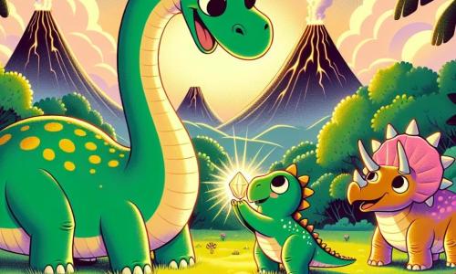 Een grote diplodocus genaamd Dippy, met een groene huid en gele vlekken, staat vrolijk in het midden van de afbeelding en heft zijn lange nek naar een magisch artefact dat in zijn poten schittert. Zijn grote ronde ogen drukken verwondering en nieuwsgierigheid uit. Naast hem kijkt een stegosaurus met roze rugplaten en een triceratops met oranje hoorns bewonderend naar hem, met stralende gezichten van vreugde. De stegosaurus staat links met een brede glimlach, terwijl de triceratops rechts staat, klaar om te helpen. De achtergrond is een weelderige vallei, omringd door rokende vulkanen, met kleurrijke bomen en stralende bloemen die leven aan de scène toevoegen. In de verte zakt de zon, en werpt gouden en roze tinten in de lucht. Dippy en zijn vrienden ontdekken het magische artefact, dat de scène verlicht met een warme gloed, terwijl ze zich voorbereiden om de krachten te gebruiken om andere dinosaurussen in de vallei te helpen.