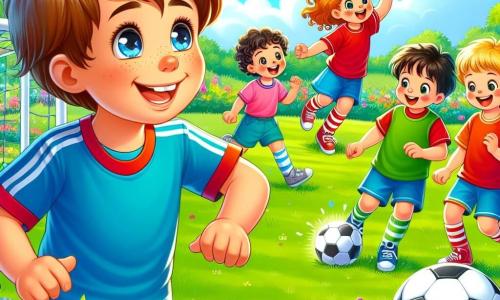 Ein junger Mann, Ben, lächelt begeistert und trägt ein leuchtend blaues Fußballtrikot und schwarze Shorts. Er hat zerzauste braune Haare und funkelnde Augen. Ben dribbelt einen Fußball auf einem grünen Feld, umgeben von bunten Blumen. Neben ihm schaut eine Gruppe von vier Kindern, zwei Jungen und zwei Mädchen im Alter von etwa 8 bis 10 Jahren, fasziniert zu. Der erste Junge mit Brille und blonden Haaren versucht, Bens Bewegungen nachzuahmen. Das erste Mädchen mit lockigen braunen Haaren lacht, während es zum Ball läuft. Der zweite Junge in einem roten T-Shirt applaudiert begeistert, während das zweite Mädchen in einem rosa Sportkleid sich bereit macht, aufs Tor zu schießen. Das Feld ist sonnig mit einem hellblauen Himmel und einigen weißen Wolken. Grüne Bäume säumen das Feld, und Vögel fliegen fröhlich darüber. Die Hauptsituation zeigt Ben, der den Kindern Fußballtechniken beibringt, alle vereint durch die Leidenschaft für das Spiel, lachend und gemeinsam Spaß habend.