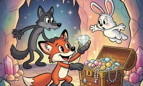 A small red fox with shiny fur and bright eyes crouches proudly and smiles in front of an open chest, holding a glittering gem; a fluffy white rabbit named Bella with long ears and wide, amazed eyes hops beside him reaching for the jewels; a sleek dark-gray wolf named Woodrow stands at the edge of the scene, leaning forward and watching with a surprised, sly look; they are in a crystal cave glittering with multicolored crystals, polished stone floor and tiny sparkling stalactites, bathed in warm, soft, prismatic light in a retro cartoon style with thick black outlines and exaggerated expressions, celebrating the treasure discovery while the wolf observes.
