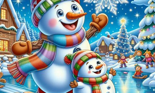 Fridolin, ein fröhlicher Schneemann mit einer großen Karotte als Nase und einem bunten Schal, lächelt begeistert, während er über das Eis eines gefrorenen Sees gleitet. Seine Äste sind erhoben, was seine Freude und Verwunderung ausdrückt. Neben ihm tanzt Stella, ein zarter, funkelnder Schneeflocke, in der Luft mit einem glücklichen Ausdruck auf ihrem Gesicht. Sie ist von kleinen Funken umgeben, die der Szene einen magischen Touch verleihen. Die Kulisse ist ein charmantes Winterdorf mit Holzhäusern mit schneebedeckten Dächern, funkelnden Lichtern und einem großen geschmückten Weihnachtsbaum, der in der Ferne leuchtet. Der Himmel ist strahlend blau, mit einigen weißen Wolken. Die Hauptsituation zeigt Fridolin und Stella, die zusammen auf dem Eis Spaß haben, gleiten und lachen, während Kinder in der Nähe einen großen Schneemann bauen, was eine festliche und fröhliche Atmosphäre schafft.