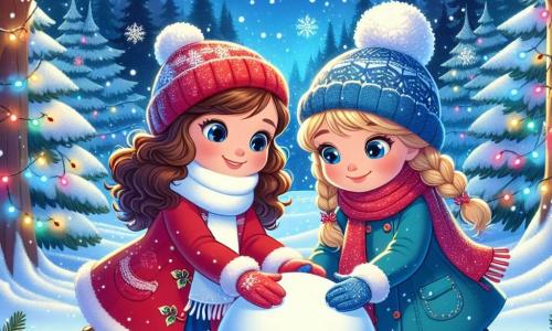 In una scena magica di Natale, due amiche sono al centro dell'immagine. **Mia**, una ragazza di 8 anni con capelli ricci castani e un sorriso splendente, sta rotolando una grande palla di neve, indossando un cappotto rosso vivo e una sciarpa bianca. Accanto a lei, **Sara**, una ragazza di 7 anni con capelli biondi intrecciati e occhi scintillanti, indossa un berretto di lana blu e guanti abbinati. Si appresta a posare la piccola palla di neve sulla testa del pupazzo di neve che hanno appena creato. Lo sfondo è una foresta incantata, coperta da un spesso manto di neve scintillante, con alberi decorati da luci colorate e fiocchi di neve che cadono dolcemente dal cielo stellato. La scena principale mostra Mia e Sara, meravigliate, che scoprono un vecchio campanello nascosto tra i rami di un albero. Quando lo toccano, un lampo di luce magica le circonda, rivelando la bellezza del momento e la magia del Natale che le avvolge.