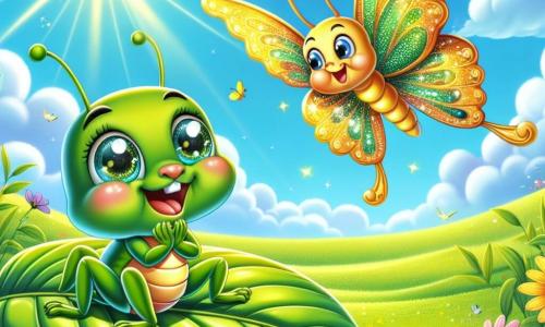Un piccolo grillo verde, con gli occhi scintillanti di curiosità, salta gioiosamente su una foglia verde brillante, sorridendo. Sembra meravigliato, come se avesse appena scoperto un segreto fantastico. Vicino a lui, una farfalla dorata, con ali scintillanti e un'aria gioiosa, danza nell'aria, le sue vivaci colorazioni illuminano l'ambiente. Sorride guardando il grillo, condividendo la sua gioia. Il paesaggio è un ampio e lussureggiante prato, punteggiato di fiori colorati sotto un cielo blu chiaro con alcune nuvole bianche. Il sole splende, creando un'atmosfera calda e accogliente. La scena principale mostra il grillo e la farfalla che danzano insieme, celebrando la bellezza del mondo che li circonda, mentre i raggi di luce filtrano tra le foglie, aggiungendo un tocco magico al loro momento di felicità.