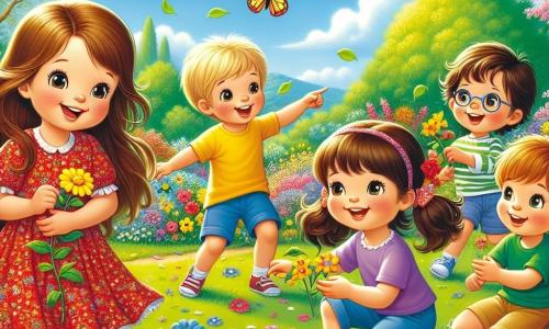 En un jardín primaveral luminoso, cinco niños se divierten juntos. Ana, una niña de 8 años con largos cabellos castaños y un vestido rojo con flores, sonríe sosteniendo una flor. A su lado, Pablo, un niño de 7 años con cabello rubio y camiseta amarilla, señala una mariposa amarilla que vuela cerca. Carlos, un niño de 9 años con gafas y pantalones cortos azules, está agachado recogiendo hojas. Sofía, una niña de 6 años con dos coletas y un vestido violeta, sostiene una guirnalda de flores coloridas. Finalmente, está Miguel, un niño de 8 años con cabello castaño y camiseta verde, que baila alegremente al fondo. El jardín está lleno de flores brillantes de colores vivos: rojas, amarillas y azules, con árboles verdes y un cielo azul claro salpicado de nubes blancas. Los rayos del sol iluminan la escena, creando una atmósfera alegre y festiva. Los niños limpian el jardín y decoran con guirnaldas de flores, riendo y jugando, celebrando la belleza de la primavera.