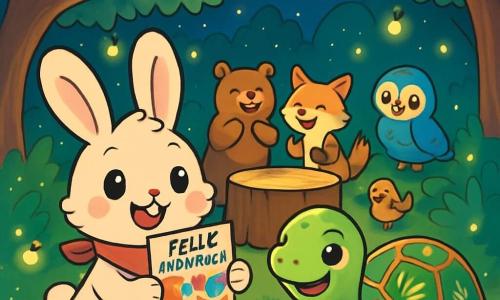 Lila, una conejita de grandes orejas y pelaje suave como el algodón, está llena de alegría y emoción. Lleva una pequeña bufanda roja alrededor del cuello y sostiene una tarjeta colorida en sus patas, lista para regalar. A su lado, Tula, una tortuga con un caparazón brillante y decorado con motivos naturales, sonríe con ternura, sus ojos brillando de felicidad. El decorado es un claro encantado, iluminado por luciérnagas que bailan en el aire fresco de la tarde. Árboles majestuosos rodean el espacio, sus hojas brillando como estrellas, y un gran tronco hueco sirve de tambor en el centro de la fiesta. La escena principal muestra a Lila y Tula preparándose para celebrar el Año Nuevo, rodeadas de sus amigos animales, todos reunidos para compartir deseos y risas bajo un cielo estrellado.