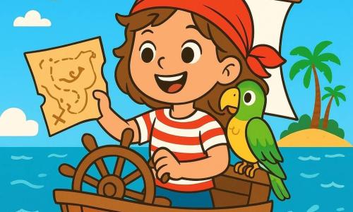 A young pirate, Lily, a 10-year-old girl with messy brown hair and a big joyful smile, stands on the deck of her small boat, the "Sea Breeze." She wears a bright red bandana and a striped shirt, her eyes shining with excitement as she firmly holds the helm. Next to her, Benny, a colorful parrot with green and yellow feathers, perches on her shoulder, looking curious and playful. The sky is blue and sunny, with a few white clouds floating by. The boat sails on a sparkling sea, where the waves dance under the sun. In the background, a tropical island with palm trees and golden sandy beaches can be seen. The main scene shows Lily and her crew ready to embark on an adventure to find treasure, with a treasure map in her hands. Excitement and a spirit of adventure fill the air as the wind billows the boat's sails.