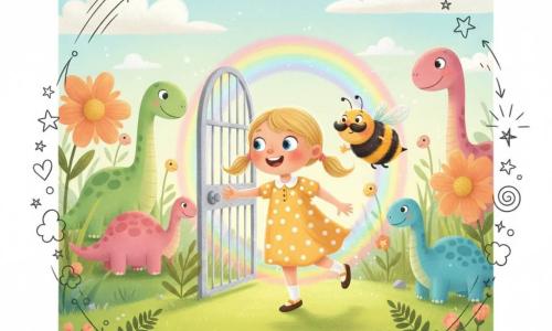 A smiling 4‑year‑old girl with blonde pigtails in a yellow polka‑dot dress reaches for a glowing silver door and steps through a rainbow halo as an anthropomorphic, mustached, round bumblebee hovers at her right shoulder pointing the way with a shiny wing; soft, colorful, rounded dinosaurs with slightly scaly textures graze among giant textured‑petal flowers in the background in a garden turned prehistoric—tall grasses, pastel sky with cotton clouds and a bright green lawn—scene bathed in soft, curious light; graphic style: saturated but gentle colors, rounded outlines, visible paper and pencil textures, with small doodles (stars, hearts, arrows) around the door.