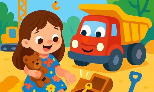 A 4-year-old girl named Lily, with long brown hair and sparkling curious eyes, is sitting on a pile of sand, a big smile on her face. She is wearing a colorful floral dress and holding a small teddy bear, Teddy, against her. Next to her, a large red construction truck seems to listen, with bright headlights and a friendly expression. The setting is a sunny construction site, with shiny machines, colorful tools, and piles of golden sand glistening in the sun. Lush green trees surround the area, adding a touch of nature to the environment. Lily discovers a small shiny box buried in the sand, her eyes lighting up with surprise and excitement as she opens it, revealing a sparkling golden key.