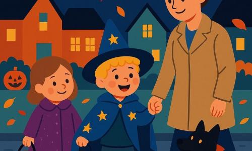 Ein fröhlicher, staunender 4-jähriger Junge mit lockigen blonden Haaren, rosigen Backen, blauem Sternencape und lustigem Hexenhut schaukelt eine kleine orange Laterne, hält die Hand seiner lächelnden, sanften Mutter mit zusammengebundenen braunen Haaren und beigem Mantel; ein etwa gleichaltriges Mädchen im glitzernden violetten Mäntelchen hält einen Bonbontütenbeutel und steht lächelnd dahinter; ein kleiner schwarzer Hund im Vampirkostüm mit rotem Miniumhang sitzt bei ihren Füßen und schaut zum Jungen; Schauplatz: gepflasterte Wohnstraße bei Dämmerung mit erleuchteten Fenstern, geschnitzten Kürbissen, Lampions und wehenden gelb-roten Herbstblättern — eine warme, sichere Halloween-Promenade unter Lichterketten, klare Komposition, Fokus auf dem Jungen und seiner Laterne.