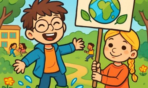 A 10-year-old boy named Max, with messy brown hair and round glasses, stands in a puddle, joyfully splashing around in his green rubber boots decorated with little frogs. His face beams with happiness and excitement, featuring a big smile and sparkling eyes. Next to him is his best friend Sasha, a 10-year-old girl with braided blonde hair, holding a colorful sign that says 