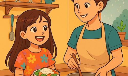 A 10-year-old girl, Maya, with long brown hair and sparkling eyes, joyfully smiles while holding a bowl of rice and vegetables. She wears a colorful t-shirt with flower patterns and worn jeans. Next to her, her mother, Ana, a woman in her thirties with brown hair in a bun, proudly watches her daughter while stirring a pot on the stove. Their small kitchen is warm, with yellow walls and shelves filled with glass jars and kitchen utensils. A window lets in sunlight, illuminating the small raindrops falling outside. The scene shows Maya and Ana preparing a meal together, filled with happiness and connection, symbolizing love and solidarity in the face of everyday challenges.