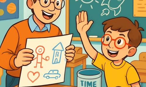 A teacher, a man in his forties with slightly tousled brown hair and round glasses, smiles joyfully while holding a large sheet of paper. His expression is enthusiastic and kind, reflecting his love for teaching. Next to him, Liam, a 9-year-old boy with brown hair and red glasses, raises his hand with a big smile, eager to ask a question. He is standing slightly leaned forward, ready to participate. The scene takes place in a bright classroom with light blue walls, colorful posters of planets and poems hanging up, and neatly arranged wooden desks. A large blackboard at the back is filled with children's drawings. The main situation shows the teacher and students gathered around a large table, preparing a time capsule filled with drawings and objects representing their dreams and memories. The atmosphere is joyful and full of excitement, with bursts of laughter and animated exchanges.