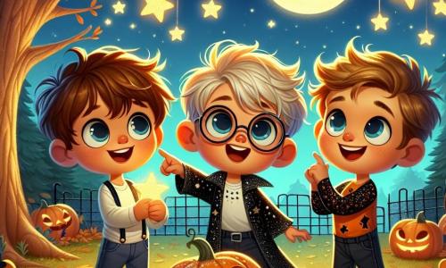 Three boys, Max, Leo, and Sam, are gathered at the center of the scene. Max, an 8-year-old with messy brown hair and round glasses, holds a shiny star in his hand. Leo, a 9-year-old with blond hair and a big smile, points at the sky, amazed by the moon. Sam, the smallest at 7, wears a sparkling orange costume with black stars and dances joyfully among his friends. The setting is a schoolyard under a starry night sky, featuring a large tree with twisted branches and a friendly illuminated pumpkin at its base. Golden and red autumn leaves cover the ground, and soft light from the full moon creates a magical and warm atmosphere. The scene captures the moment when the boys, filled with excitement, have just discovered hidden stars and are about to celebrate their victory with laughter and sparkling confetti falling around them, adding a touch of magic to their Halloween adventure.