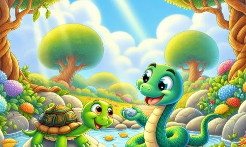 Um pequeno serpente chamado Sibilo, com escamas verdes brilhantes e olhos curiosos, desliza alegremente sobre um tapete de folhas douradas, com um sorriso maravilhado no rosto. Ao seu lado, uma gentil tartaruga chamada Telma, com uma carapaça colorida e olhos doces, o incentiva sorrindo, parada em uma pedra lisa perto do riacho. Ao fundo, uma floresta encantada se estende, com árvores majestosas de troncos retorcidos, flores vibrantes de todas as cores e um céu azul salpicado de nuvens fofas. A cena mostra Sibilo descobrindo uma pedra brilhante à beira do riacho, enquanto raios de sol filtram pelas folhas, criando uma atmosfera mágica e alegre.