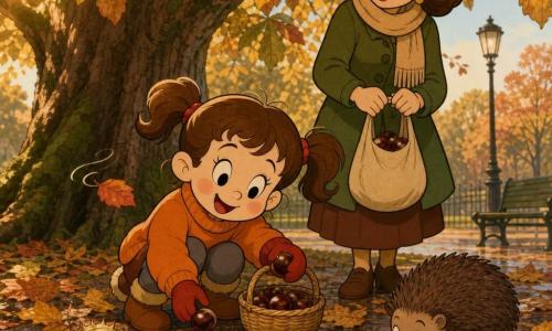Bambina di 4 anni, gioiosa, volto rotondo, codini castani, maglione arancione e guanti rossi, accovacciata a raccogliere castagne lucenti in un piccolo cesto di vimini; una donna di circa 30 anni, madre sorridente con capelli castani e sciarpa beige, in piedi dietro la bambina la guarda con tenerezza tenendo una borsa di tela; un porcospino marrone vicino a una foglia annusa le castagne accanto al cesto; parco autunnale con un grande castagno, tappeto di foglie gialle, rosse e brune, terreno leggermente bagnato e luce dorata del mattino che filtra tra i rami; scena principale: la bambina conta e mette delicatamente le castagne nel cesto, foglie che scricchiolano sotto i suoi passi e una lieve brezza solleva una foglia vicino alla sua mano.