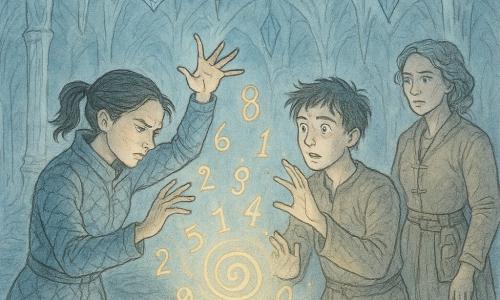 Sera Venn, a determined woman with a strained expression and black hair in a ponytail, wearing a quilted coat with frosted seams, dances with precise rhythmic hands above a pedestal circled by glowing numbers; opposite her, Kael Dray, a pale ~28-year-old man with tousled hair and wide, awed-but-fearful eyes, mirrors her movements slightly behind; Archivist Myra Quill, ~45, in layered beige robes with a tool belt and a stern attentive gaze, stands to the side by a small protective box guiding them; they perform a numeric 