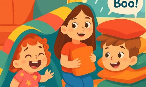 A 2-year-old girl named Poppy, with big bright eyes and curly hair, is laughing while hiding under a colorful blanket. She wears a pink t-shirt with stars and striped socks. Next to her, her 6-year-old sister Mia, with long straight hair, smiles while holding a soft pillow, ready to build a fort. Their 4-year-old brother Tom, with messy brown hair, hides under a pile of cushions, laughing and saying 
