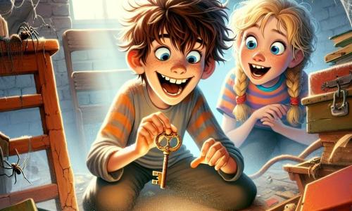 A 12-year-old boy, Max, with messy brown hair and a mischievous smile, is crouched under a dusty bed, holding a sparkling golden key in his hand. His eyes shine with excitement and wonder as he discovers a hidden treasure. Beside him, his best friend Lily, an 11-year-old girl with braided blonde hair wearing a colorful t-shirt, leans in curiously, her eyes wide with surprise. They are in an old abandoned house with cracked wooden walls, cobwebs in the corners, and dust-covered furniture. Soft sunlight filters through broken windows, creating a mysterious yet fun atmosphere. The main scene shows Max and Lily discovering comical objects and wacky traps, like buckets of confetti and books with hilarious titles, while laughing at their incredible adventure.