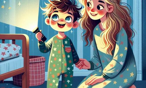 A 2-year-old boy with messy brown hair and sparkling curious eyes stands in his room, holding a small flashlight that softly illuminates his face. He has a delighted smile and a slight furrowed brow, showing both joy and a bit of concern about the darkness. His mother, a woman in her 30s with long blonde hair, stands beside him, smiling and reassuring, wearing a colorful star-patterned pajama. She is crouched down, looking at her son with tenderness, showing him that the night can be friendly. The scene takes place in a warm child's bedroom, decorated with light blue walls featuring stars and clouds. A cozy bed is covered with a colorful blanket, and toys are scattered on the floor. The flashlight's light creates playful shadows on the walls. The little boy shines the flashlight on the shadows in the room, laughing as he discovers the dark shapes dancing around him, while his mother encourages him to explore and not be afraid of the dark.