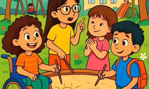 Ci sono 4 personaggi: - Sofia: una ragazza di 10 anni, con capelli castani e ricci, seduta su una bella sedia a rotelle colorata, sorridente e piena di energia. - Giulia: una ragazza di 10 anni, con capelli lunghi e lisci, che indossa una maglietta gialla brillante e occhiali, curiosa e intenta a fare domande ad Amir. - Martina: una ragazza di 10 anni, con capelli castani e una frangia, vestita con un vestito rosa, un po' timida, ma guarda Amir con un sorriso amichevole. - Amir: un ragazzo di 10 anni, con capelli neri e occhi vivaci, che indossa una maglietta blu e uno zaino colorato, un po' nervoso ma felice di essere incluso nel gioco. La scena si svolge in un cortile di scuola soleggiato, circondato da alti alberi verdi e fiori colorati. Si vedono giochi in legno, come un'altalena e uno scivolo, e bambini che ridono e giocano intorno. La situazione principale mostra i quattro amici riuniti attorno a un grande cerchio di sabbia, dove disegnano forme e motivi con dei bastoni. Sofia sorride mostrando il suo disegno, mentre Giulia spiega qualcosa ad Amir, che sembra sempre più a suo agio. Martina, accanto, applaude gioiosamente, creando un'atmosfera di amicizia e tolleranza.