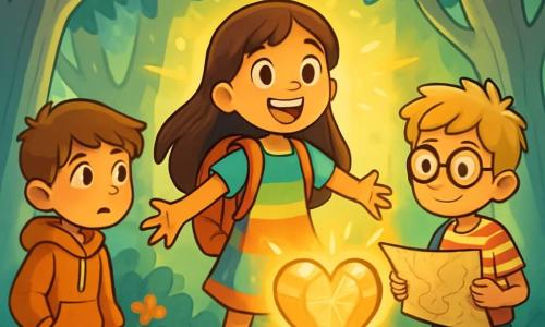 There are three characters: - Lily: a 10-year-old girl with long brown hair and sparkling eyes. She wears a colorful dress and a backpack full of adventures. She stands in the center with her arms open and a big smile on her face. - Ben: an 11-year-old boy with messy blonde hair and round glasses. He wears a striped t-shirt and shorts. He is slightly in the background, holding an old map with a determined look. - Max: a 10-year-old boy with brown hair and freckles. He wears a hoodie and cargo pants. He stands to the left, curiously looking into the heart of the forest, a bit hesitant but ready to move forward. The setting takes place in an enchanted clearing surrounded by tall trees with silver trunks and shimmering leaves. Colorful flowers dance in the gentle breeze, and at the center, a beautiful crystal heart shines with a golden light, illuminating the scene with a magical aura. The main situation shows the three friends discovering the heart of the forest, amazed and united, ready to face the challenge ahead. The shadows of the trees dance around them, and a soft light envelops them, symbolizing their courage and friendship.