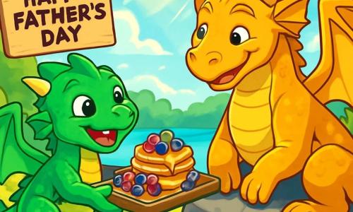 A small dragon named Flicker, with scales as bright as emeralds, smiles with sparkling eyes of joy, holding a breakfast tray filled with colorful berries and drops of honey. Beside him, his father, a large dragon named Ember, with golden scales and warm eyes, looks at Flicker with an emotional smile, sitting on a rock by a shimmering lake. Their environment is an enchanted forest, with gnarled tree trunks and vibrant green leaves, while the lake reflects the blue sky dotted with fluffy clouds. The main scene shows Flicker surprising his father for Father's Day, with rays of sunlight illuminating the scene, creating a joyful and magical atmosphere.