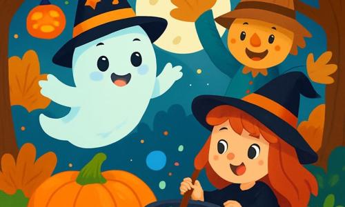 Um pequeno fantasma chamado Pip, translúcido e sorridente, flutua alegremente sobre uma grande abóbora laranja, seus olhos redondos brilhando de felicidade. Ele usa um pequeno chapéu de bruxo preto adornado com estrelas douradas e seus braços estão abertos, como se estivesse convidando seus amigos a se juntarem a ele. Ao seu lado, uma bruxinha barulhenta chamada Lili, com cabelos vermelhos flamejantes e um vestido preto cintilante, mistura poções coloridas em um caldeirão, seus olhos brilhando de travessura e excitação. Um espantalho chamado Dudu, feito de palha e vestido com roupas velhas, está ao fundo, sorrindo e contando uma história, com os braços levantados para chamar a atenção de todos. A cena se passa em uma clareira encantada, iluminada pela lua cheia, cercada por árvores com folhas douradas e laranjas, com lanternas em forma de abóbora flutuando no ar, projetando uma luz suave e acolhedora. Pip, Lili e Dudu celebram juntos uma alegre festa de Halloween, cercados por seus amigos animais, em uma atmosfera festiva e mágica, cheia de risos e cores vibrantes.